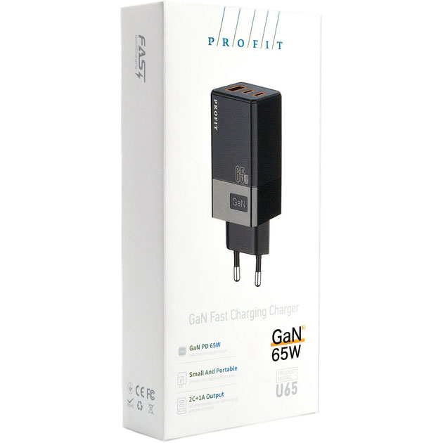 Зарядний пристрій Profit U65 GAN PD 65W USB A+2 Type-C Black (01000009000111006775) Потужність 65