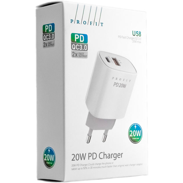 Зарядний пристрій Profit U58 PD 20W USB A+Type-C White (01000009008011005370) Кабель відсутній