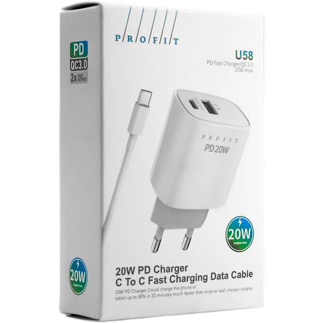 Зарядний пристрій Profit U58 PD 20W USB A+Type-C + кабель USB Type-C White (01000009008011006776) Тип кабелю USB Type-С