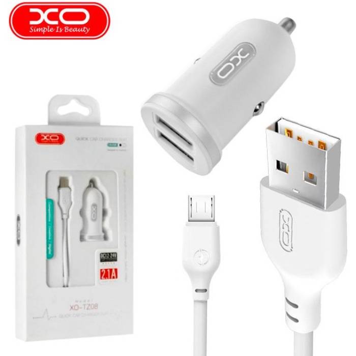 Автомобільний зарядний пристрій XO TZ08 2.1A/2 USB + microUSB White (TZ08-M-WH) Кабель знімний