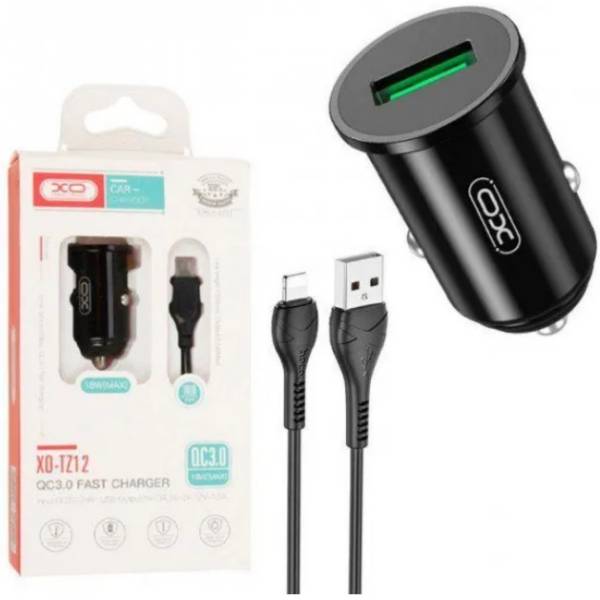 Автомобільний зарядний пристрій XO TZ12 18W/1 USB QC 3.0 + Lightning Black (TZ12-L-BK) Потужність 18