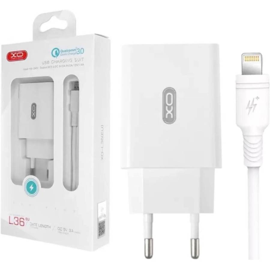 Сетевое зарядное устройство XO QC 3.0 L36 18W/1USB + Lightning White (L36-L-WH) Кабель съемный