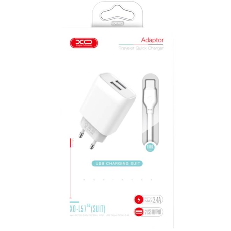 Сетевое зарядное устройство XO L57 2.4A/2USB + microUSB White (L57-M-WH) Кабель съемный