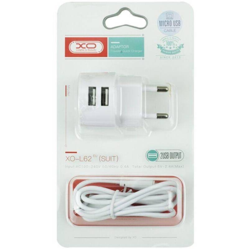 Сетевое зарядное устройство XO L62 2.4A/2USB + microUSB White (L62-M-WH) Кабель съемный