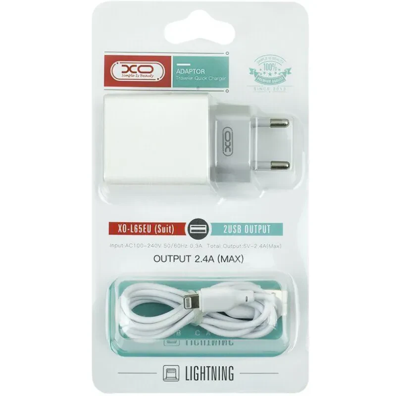 Зарядний пристрій XO L65 2.4A/2USB + lightning White (L65-L-WH) Кабель знімний