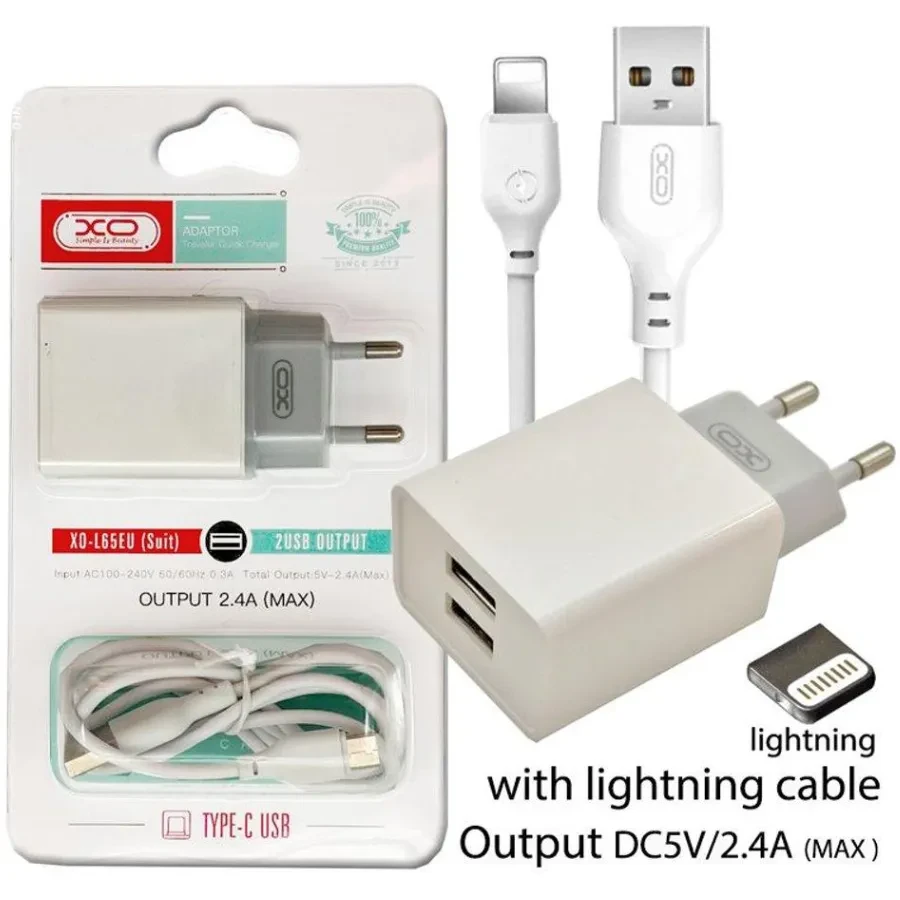 Сетевое зарядное устройство XO L65 2.4A/2USB + lightning White (L65-L-WH) Тип сетевое зарядное устройство