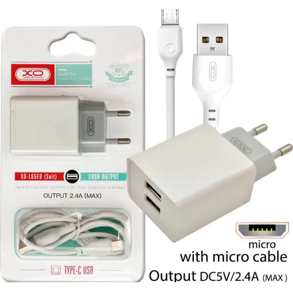 Сетевое зарядное устройство XO L65 2.4A/2USB + microUSB White (L65-M-WH) Кабель съемный