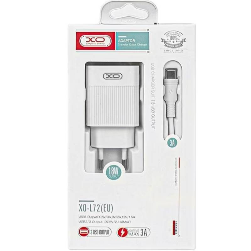 Внешний вид Сетевое зарядное устройство XO QC 3.0 L72 30W (18W/1USB + 2.4A/2 USB) + Type C White (L72-TC-WH)