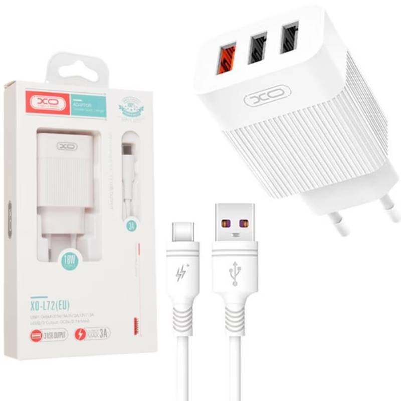 Фото Сетевое зарядное устройство XO QC 3.0 L72 30W (18W/1USB + 2.4A/2 USB) + Type C White (L72-TC-WH)