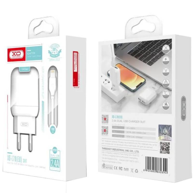 Сетевое зарядное устройство XO L78 2.4A/2USB + lightning White (L78-L-WH) Кабель съемный