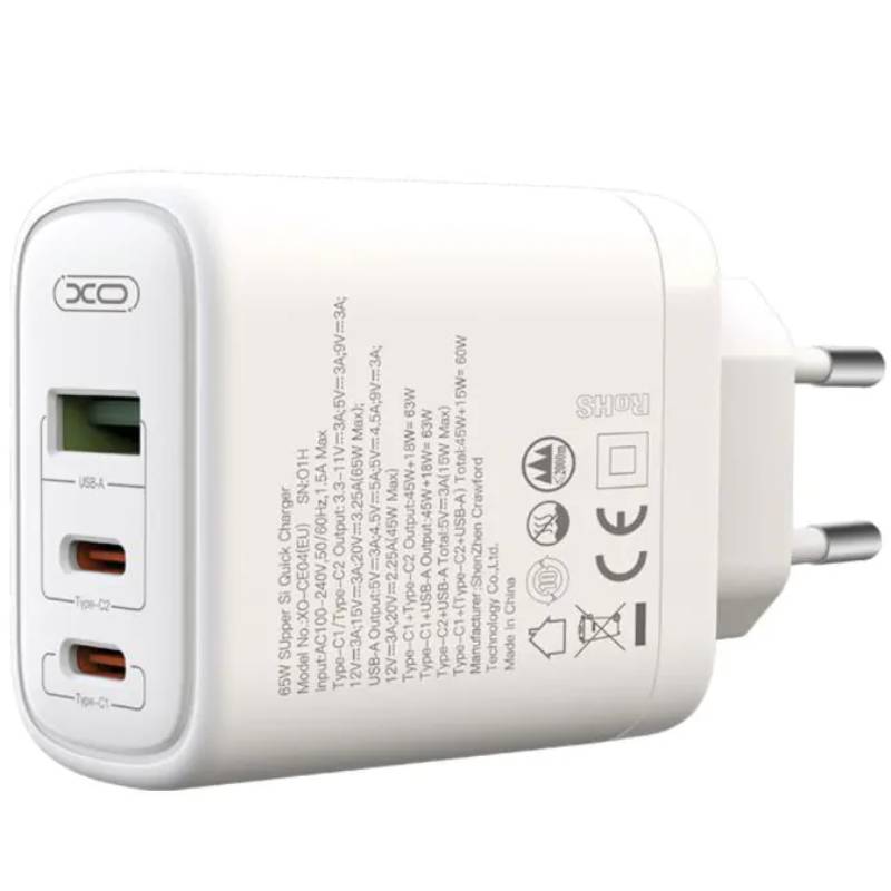 Сетевое зарядное устройство XO PD CE04 45W/1 USB + 2 USB-C 65W White (СE04-WH) Тип сетевое зарядное устройство