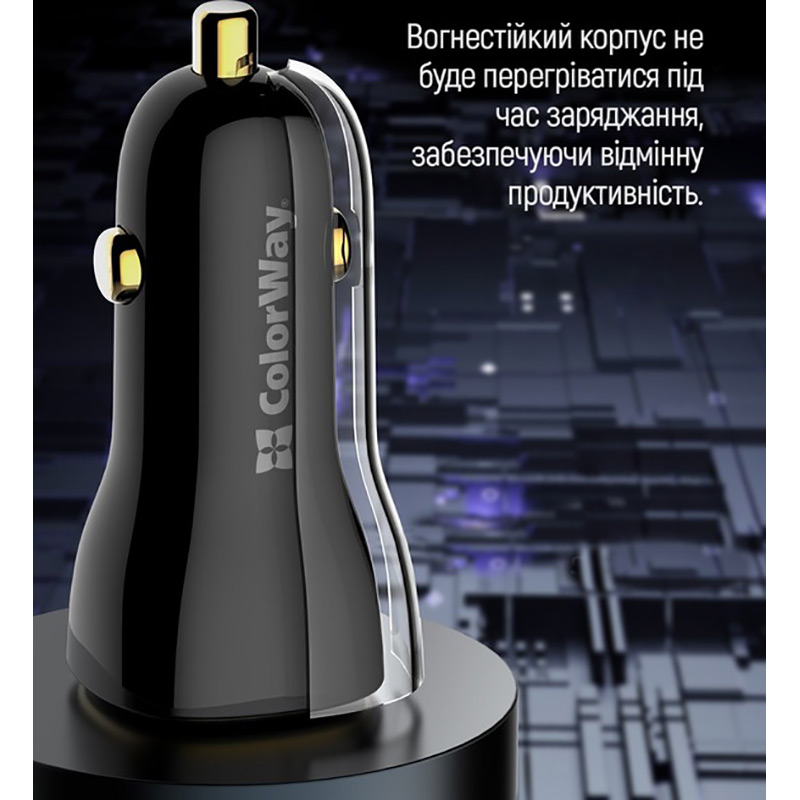 В Украине Автомобильное зарядное устройство COLORWAY Power Delivery Port PPS USB (USB-A + USB-C) (60W) Black (CW-CHA046PD-BK)