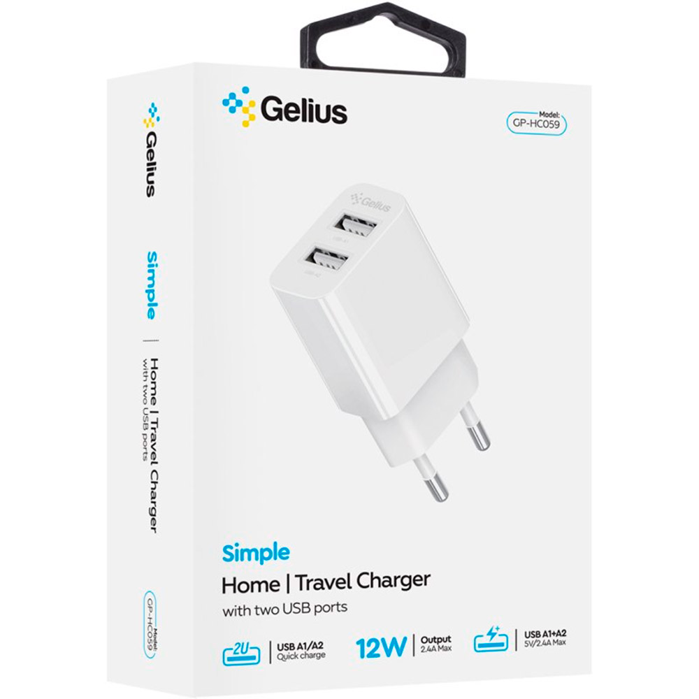 Сетевое зарядное устройство GELIUS Simple GP-HC059 (2 USB/2.4A) White (00000098754) Кабель отсутствует