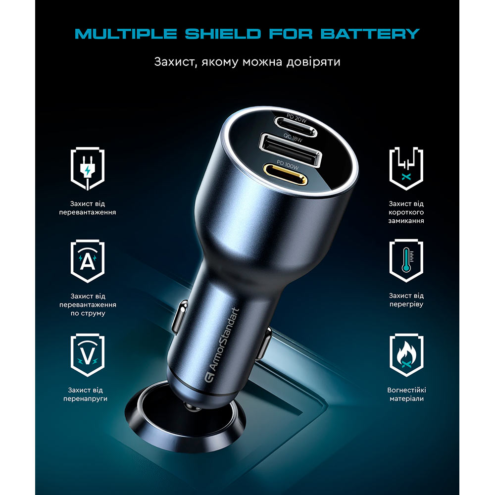 Фото Автомобильное зарядное устройство ARMORSTANDART Resolute Power ASPP-21 120W 2xUSB-C USB Grey (ARM70026)