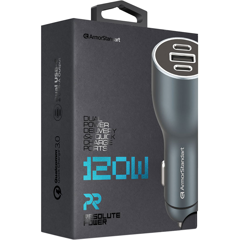 В Фокстрот Автомобильное зарядное устройство ARMORSTANDART Resolute Power ASPP-21 120W 2xUSB-C USB Grey (ARM70026)