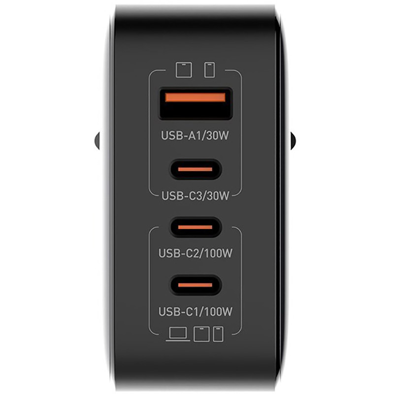 Мережевий зарядний пристрій ColorWay Power Delivery GaN (USB-A + 3USB TYPE-C) (100W) Black (CW-CHS047PD-BK) Кабель відсутній