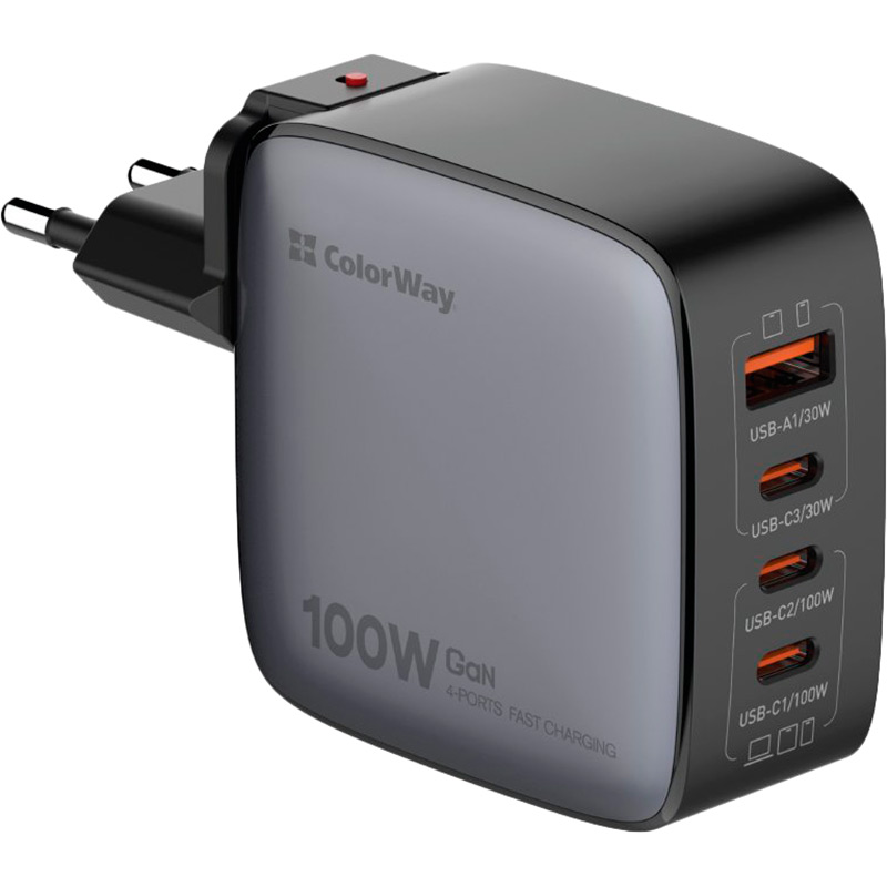 Мережевий зарядний пристрій ColorWay Power Delivery GaN (USB-A + 3USB TYPE-C) (100W) Black (CW-CHS047PD-BK)