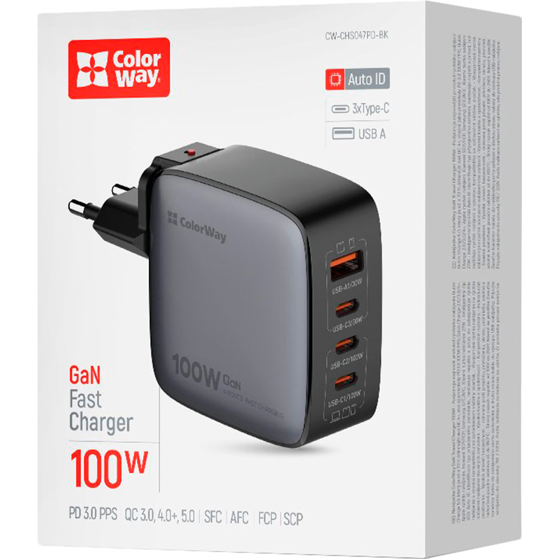Фото 17 Мережевий зарядний пристрій ColorWay Power Delivery GaN (USB-A + 3USB TYPE-C) (100W) Black (CW-CHS047PD-BK)