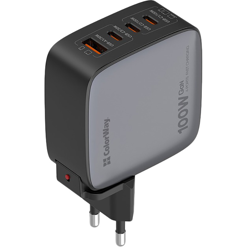 Мережевий зарядний пристрій ColorWay Power Delivery GaN (USB-A + 3USB TYPE-C) (100W) Black (CW-CHS047PD-BK) Потужність 100