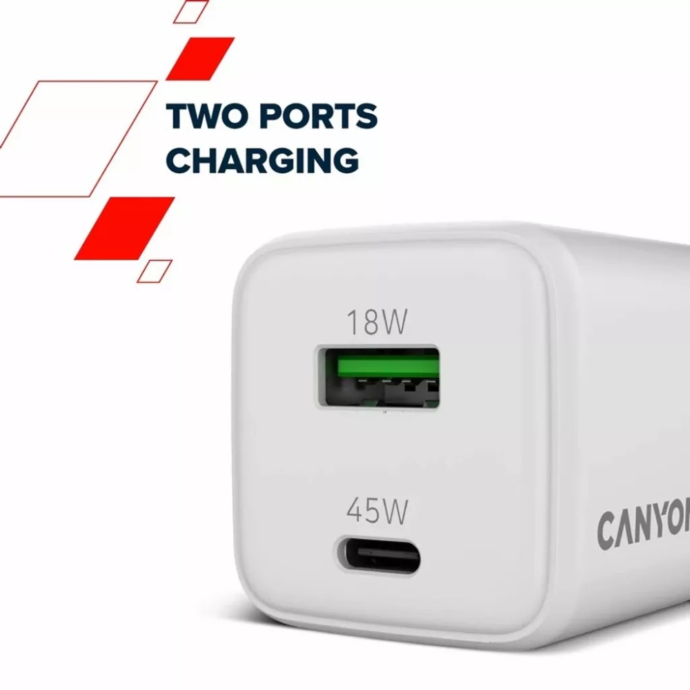 Внешний вид Сетевое зарядное устройство CANYON CU45AC GaN PD QC 45W White (CNS-CUW45AC)