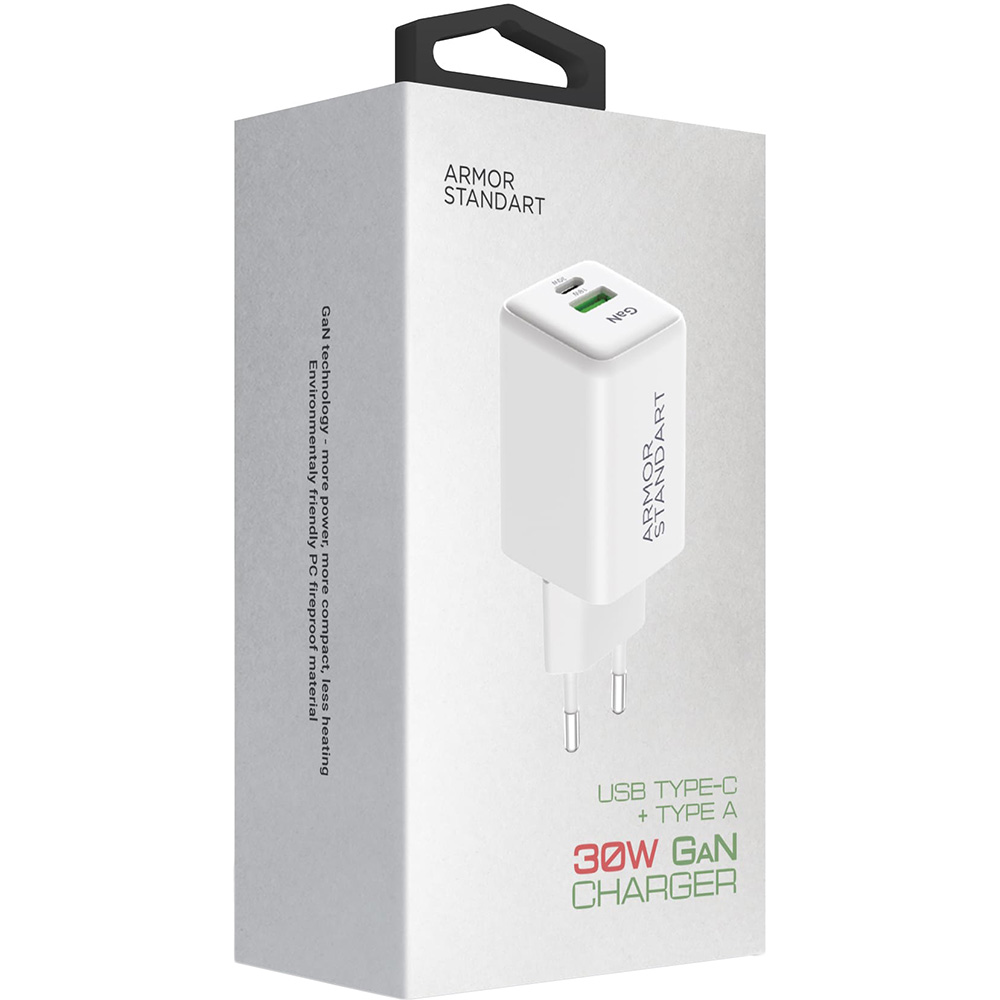 Изображение Сетевое зарядное устройство ARMORSTANDART AR371 30W GaN Type-C + USB White (ARM77549)