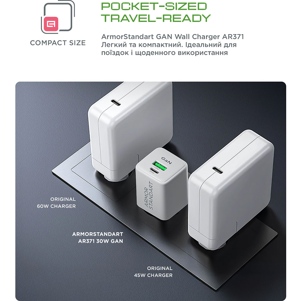 Сетевое зарядное устройство ARMORSTANDART AR371 30W GaN Type-C + USB White (ARM77549) Кабель отсутствует