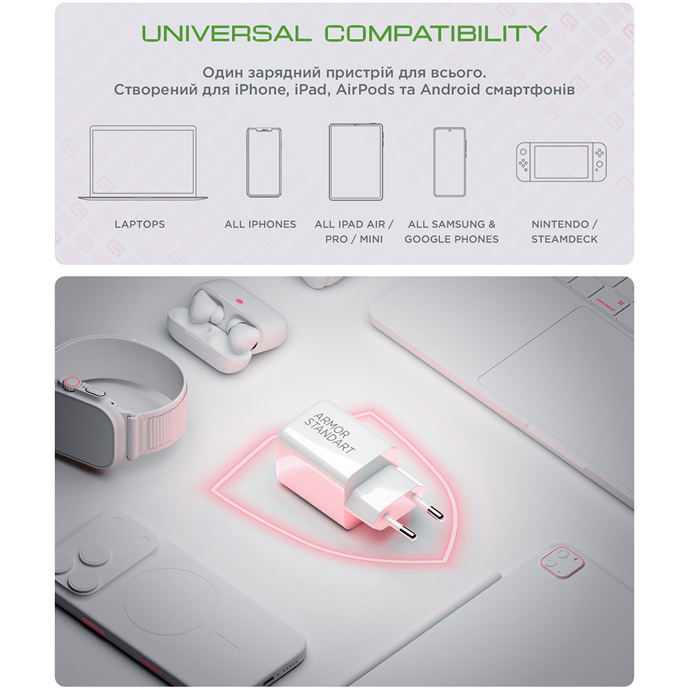 Внешний вид Сетевое зарядное устройство ARMORSTANDART AR372 45W GaN Type-C + USB White (ARM77550)