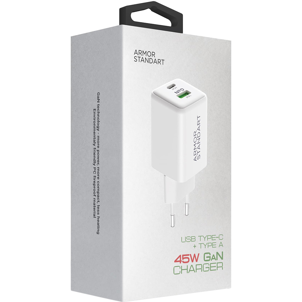 Изображение Сетевое зарядное устройство ARMORSTANDART AR372 45W GaN Type-C + USB White (ARM77550)