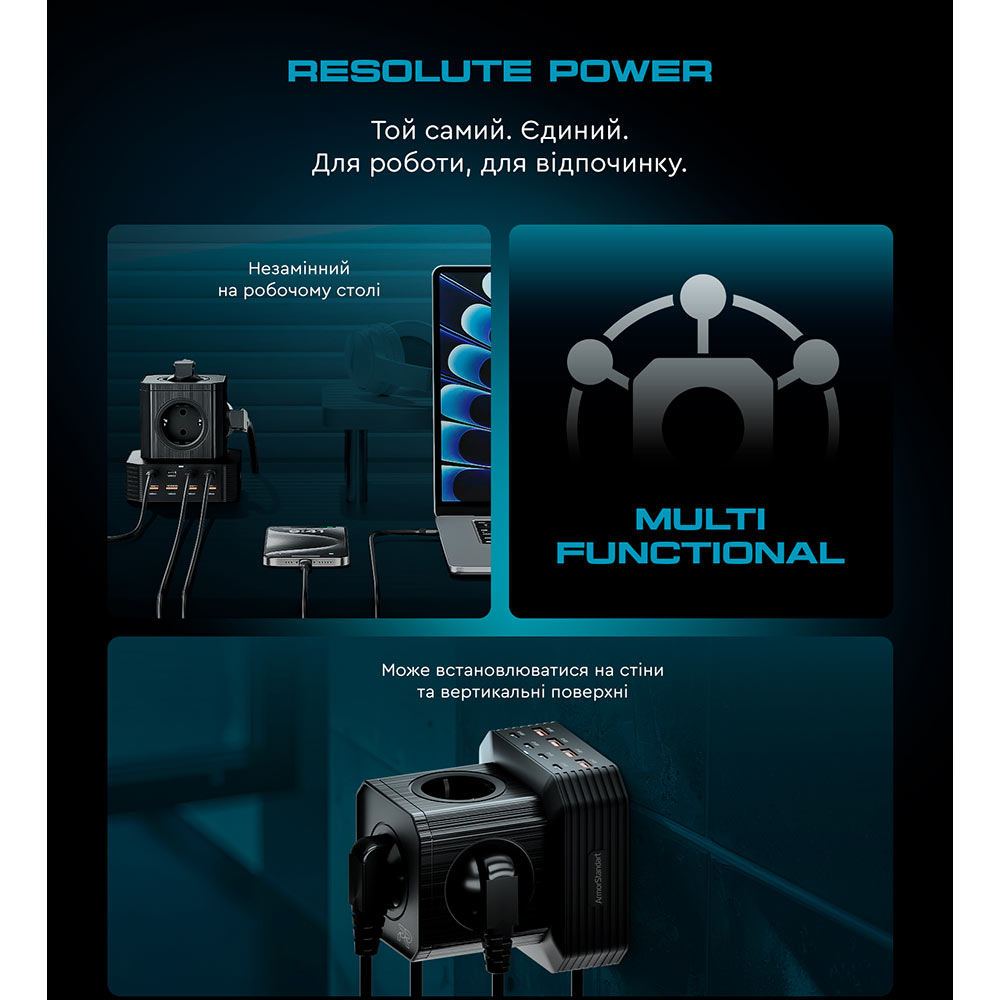 Мережевий зарядний пристрій ARMORSTANDART Resolute Power ARP-544 100W GaN 2m Black (ARM73177) Кабель незнімний
