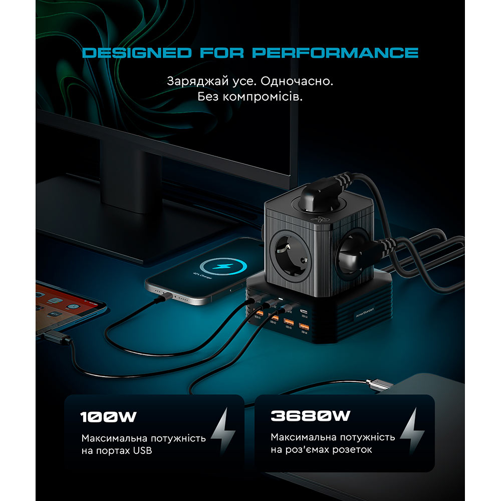 Мережевий зарядний пристрій ARMORSTANDART Resolute Power ARP-544 100W GaN 2m Black (ARM73177) Тип мережевий зарядний пристрій