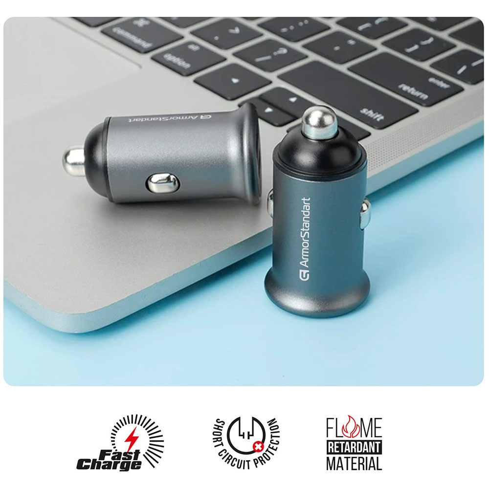 Автомобільний зарядний пристрій ARMORSTANDART 2xUSB QC3.0 Grey + кабель Lightning (ARM82458) Потужність 36