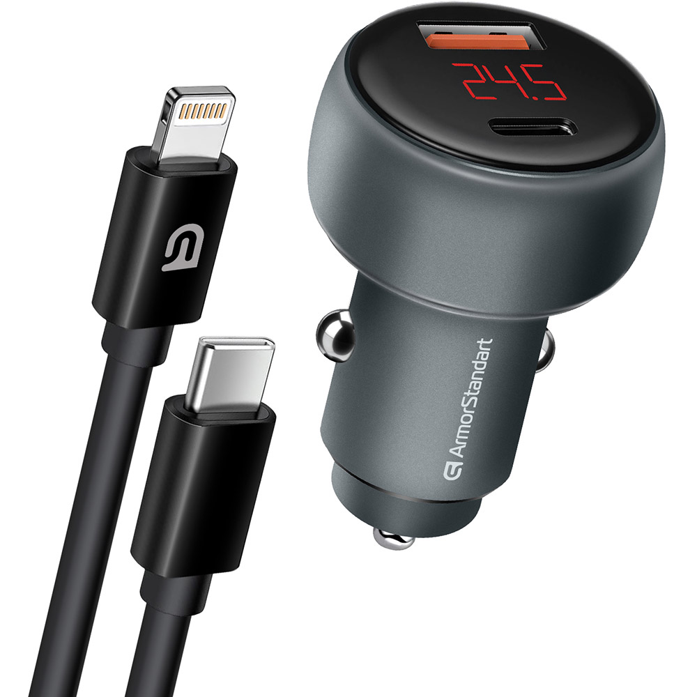 Автомобільний зарядний пристрій ARMORSTANDART AR-C43 Type-C PD30W + USB QC 3.0 Grey + кабель Lightning (ARM82462)