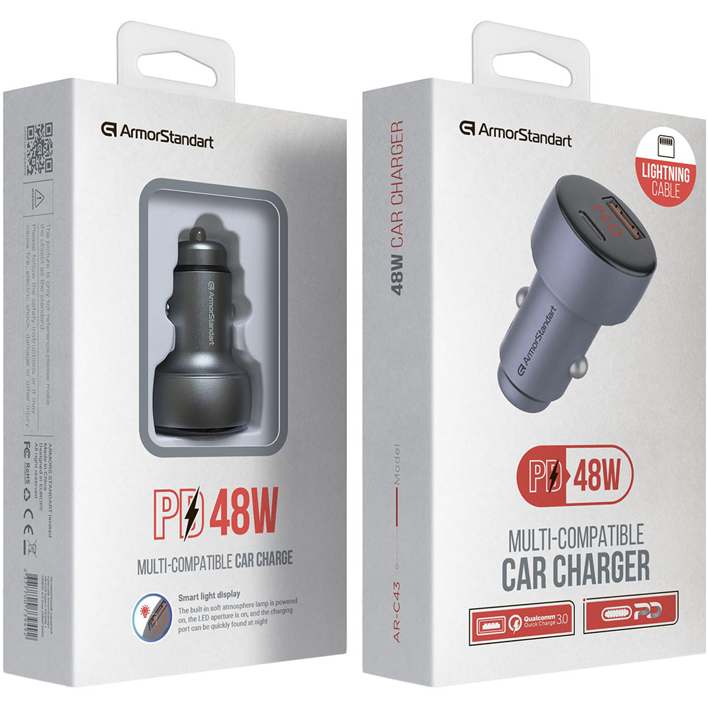 Замовити Автомобільний зарядний пристрій ARMORSTANDART AR-C43 Type-C PD30W + USB QC 3.0 Grey + кабель Lightning (ARM82462)