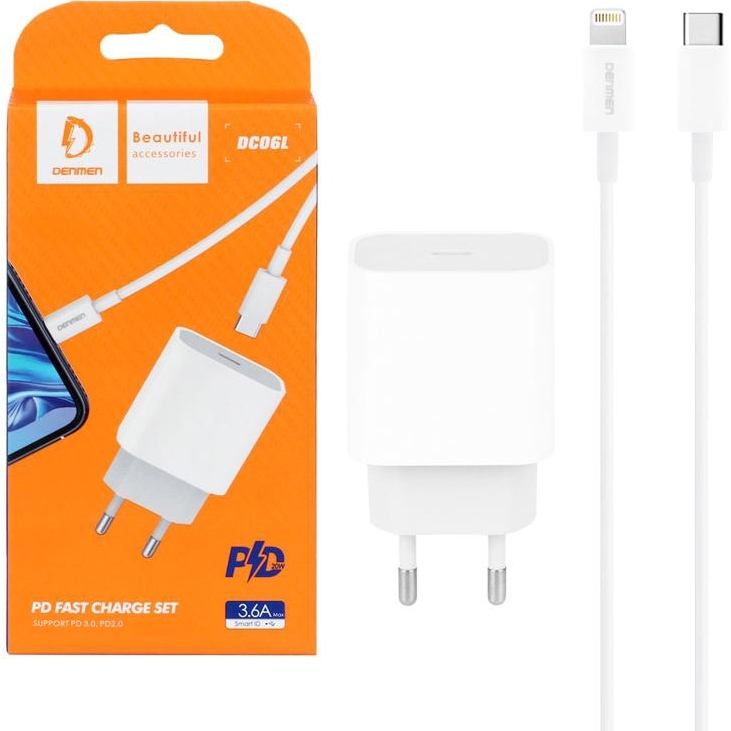 Сетевое зарядное устройство DENMEN DC06 20W 3.6A USB-C White (DM-DC06L-WH) Кабель съемный