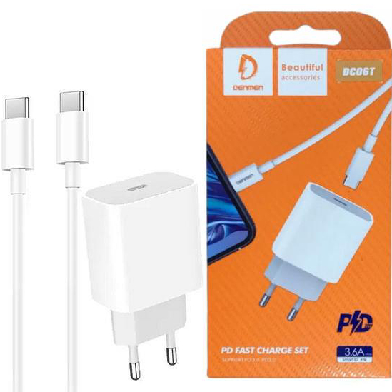 Зарядний пристрій DENMEN DC06 20W 3.6A USB-C White (DM-DC06T-WH) Кабель знімний