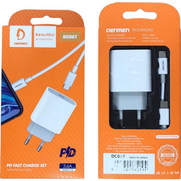 Зарядний пристрій DENMEN DC06 20W 3.6A USB-C White (DM-DC06T-WH) Тип кабелю USB Type-C х USB Type-C