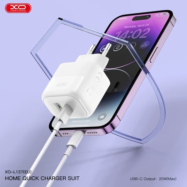 Зарядний пристрій XO L137 - 20W PD USB-C & 18W QC USB-A (L137_White) Вихідний роз'єм USB Type-C