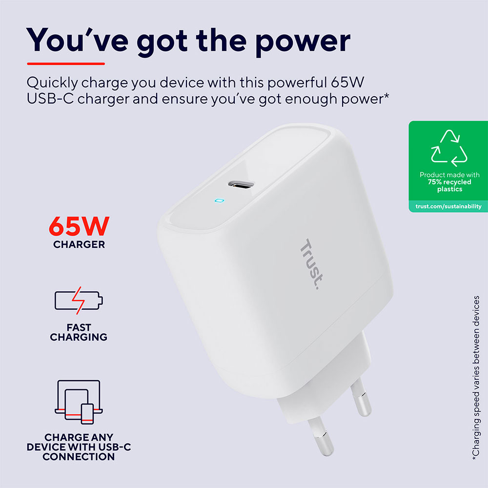 Замовити Зарядний пристрій TRUST Maxo 65W 1xUSB-C Charger White w/Type-C to Type-C cable (25139_TRUST)