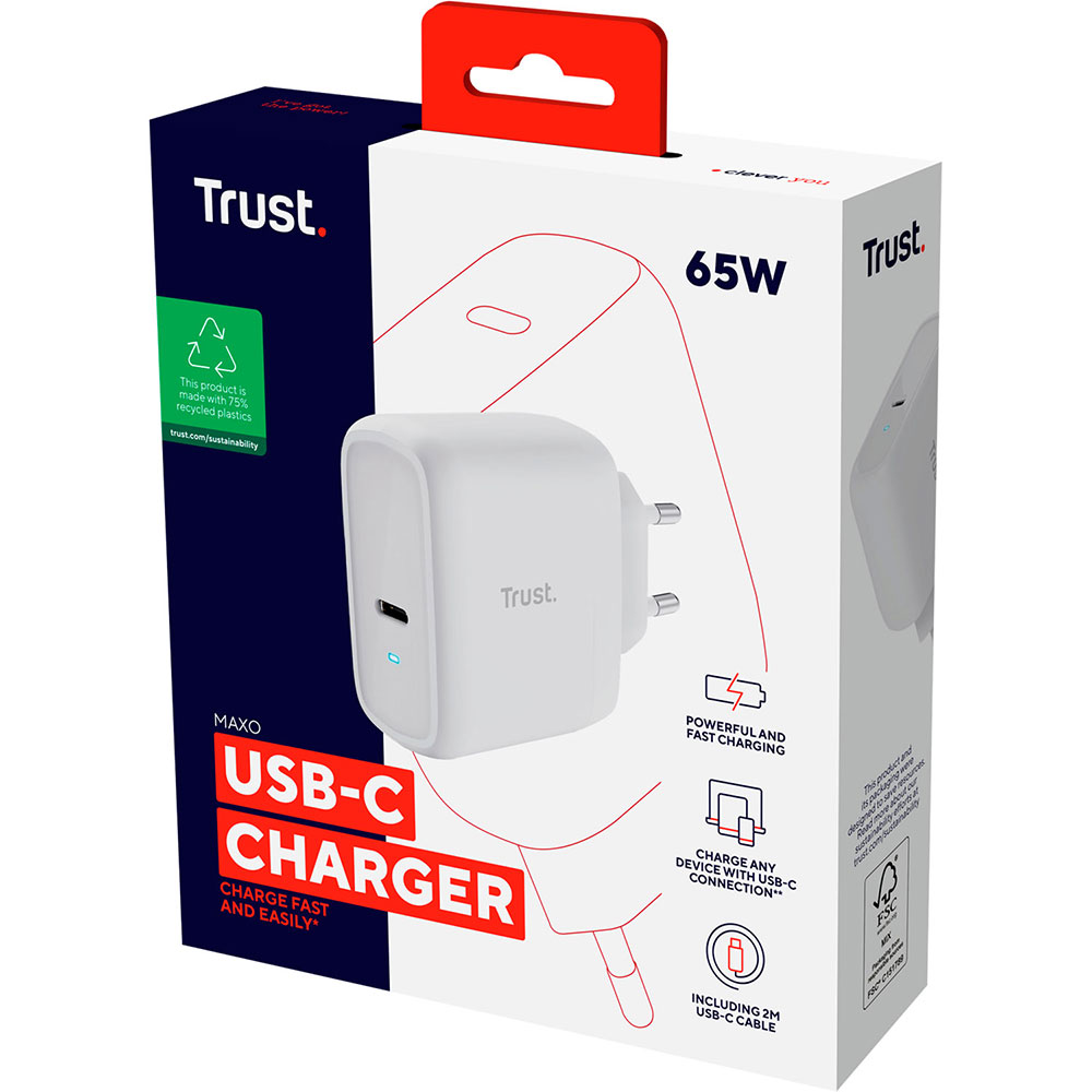 Фото Зарядний пристрій TRUST Maxo 65W 1xUSB-C Charger White w/Type-C to Type-C cable (25139_TRUST)