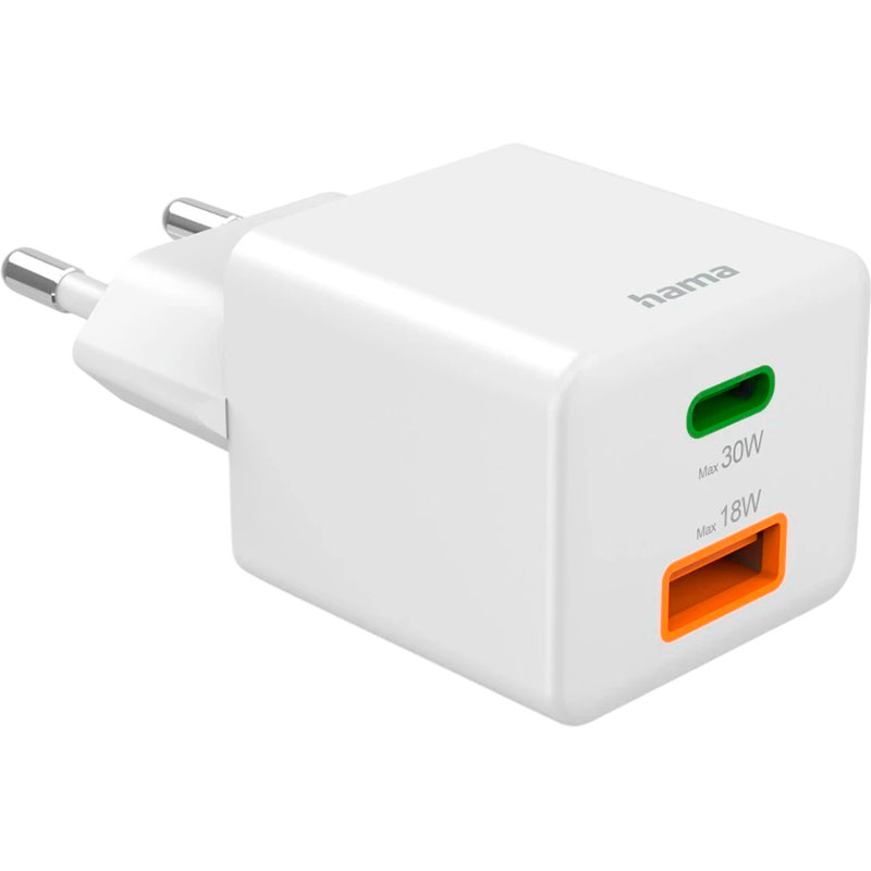 Зарядний пристрій HAMA Mini 1xUSB-C 1xUSB-A 30W White (00201992) Тип мережевий зарядний пристрій