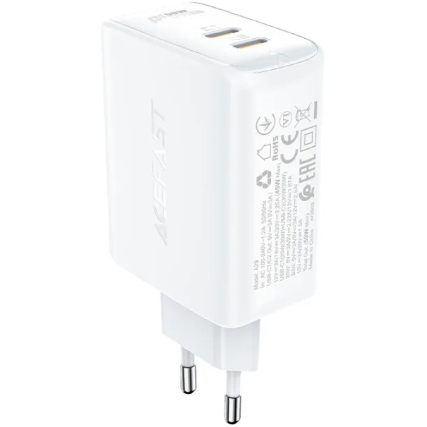 Зарядний пристрій ACEFAST A29 PD50W GaN (USB-C+USB-C) White (AFA29W) Потужність 50