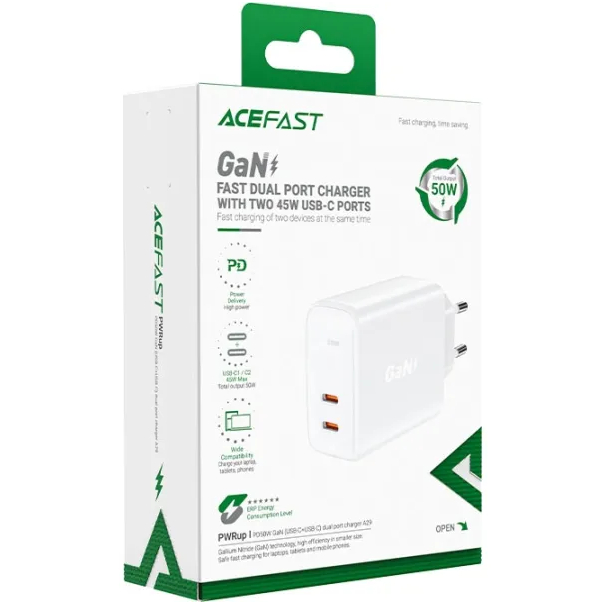 Зарядний пристрій ACEFAST A29 PD50W GaN (USB-C+USB-C) White (AFA29W) Вихідний роз'єм USB Type-C