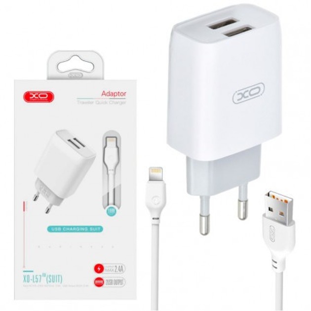 Сетевое зарядное устройство XO L57 2.4A 2USB + lightning (XO-L57-LGHT) Мощность 12