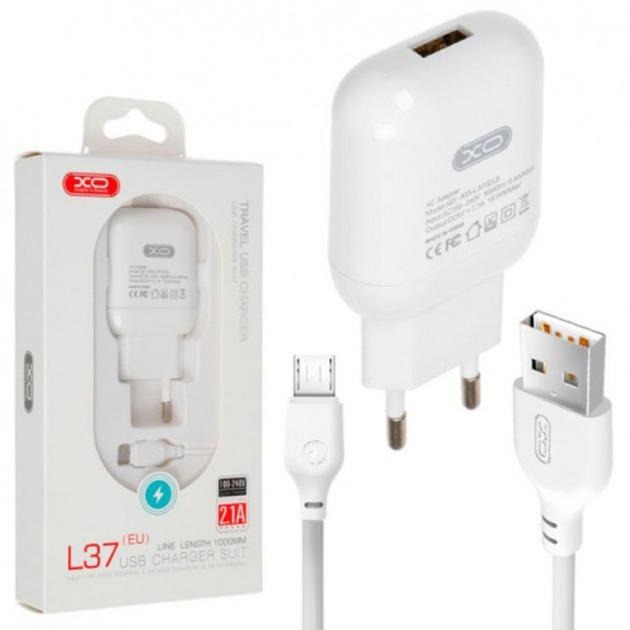 Зарядний пристрій XO L37 2.1A 1USB + кабель Micro-USB White (XO-L37-MCR) Кабель знімний