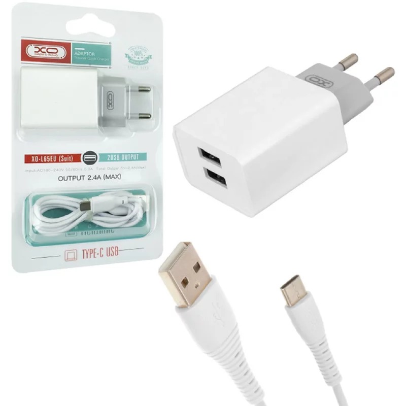 Сетевое зарядное устройство XO L65 2USB 2.4А + Type-C white (XO-L65-TC) Кабель съемный