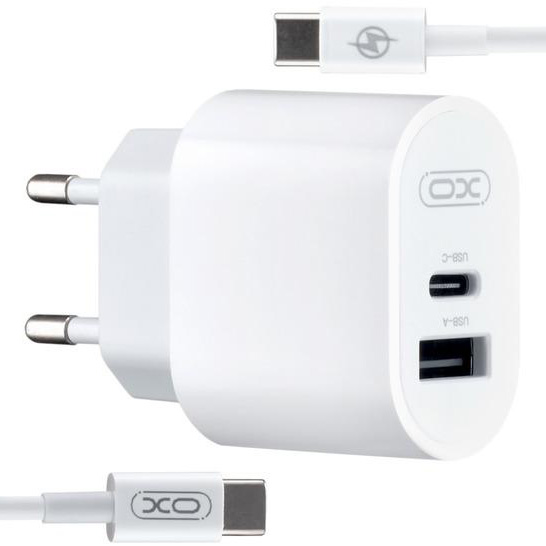 Сетевое зарядное устройство XO L97 (1Type-C/1USB/2.4A) + Type-C - Type-C White (XO-L97-TC)