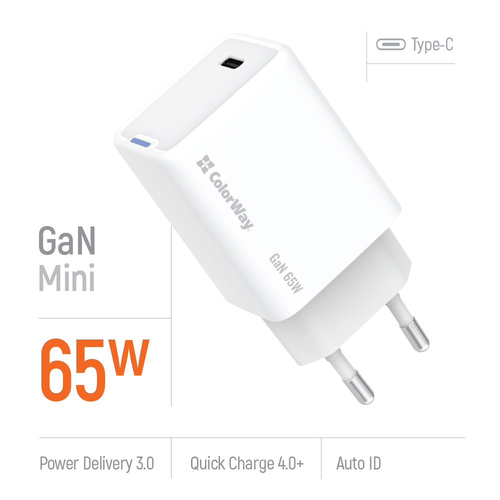 Фото Зарядний пристрій COLORWAY GaN Mini 65W PPS Type-C PD White (CW-CHS049PD-WT)