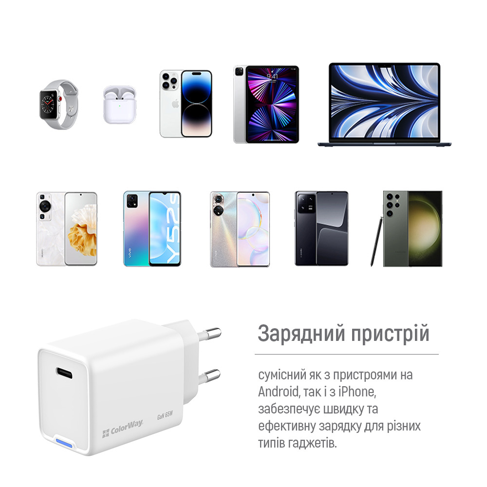 В інтернет магазині Зарядний пристрій COLORWAY GaN Mini 65W PPS Type-C PD White (CW-CHS049PD-WT)