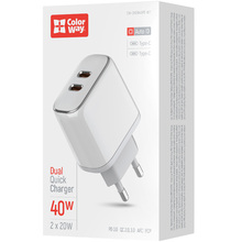 Сетевое зарядное устройство COLORWAY Power Delivery Port PPS USB (Type-C PD+Type-C PD) 40W White (CW-CHS048PD-WT)