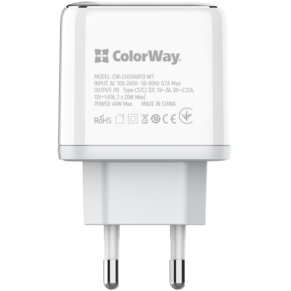 Внешний вид Сетевое зарядное устройство COLORWAY Power Delivery Port PPS USB (Type-C PD+Type-C PD) 40W White (CW-CHS048PD-WT)